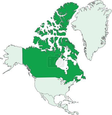 Dunkelgrüne leere politische Landkarte von KANADA mit schwarzen Rändern auf transparentem Hintergrund mit orthographischer Projektion des hellgrünen nordamerikanischen Kontinents