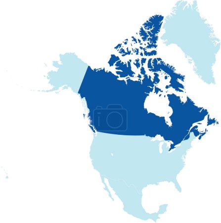 Illustration for Dark blue detailed blank political map of CANADA on transparent background using orthographic projection of the light blue North American continent - Royalty Free Image