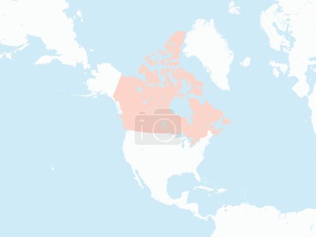 Illustration for Pink detailed blank political map of CANADA with blue water surfaces using orthographic projection of the white North American continent - Royalty Free Image