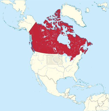 Rote detaillierte leere politische Landkarte von KANADA mit blauen Wasserflächen mittels orthographischer Projektion des beigen nordamerikanischen Kontinents