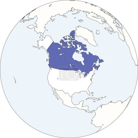 Blue blank political map of CANADA with light blue ocean surfaces on Earth globe background using orthographic projection of the white North American continent