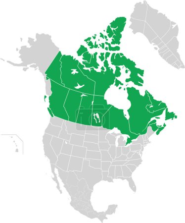 Grüne detaillierte leere politische Landkarte von KANADA mit weißen Staatsgrenzen auf transparentem Hintergrund mittels orthografischer Projektion des hellgrauen nordamerikanischen Kontinents