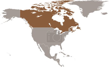 Illustration for Dark brown detailed blank political map of CANADA on transparent background using orthographic projection of the light brown North American continent - Royalty Free Image
