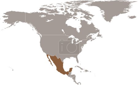Dunkelbraune, detaillierte, leere politische Karte von MEXIKO auf transparentem Hintergrund mit orthographischer Projektion des hellbraunen nordamerikanischen Kontinents
