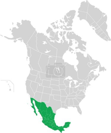 Grüne detaillierte leere politische Landkarte von MEXIKO mit weißen Staatsgrenzen auf transparentem Hintergrund mittels orthografischer Projektion des hellgrauen nordamerikanischen Kontinents