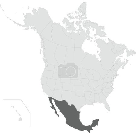Illustration for Dark grey detailed blank political map of MEXICO with black state borders on transparent background using orthographic projection of the light grey North American continent - Royalty Free Image
