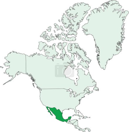 Illustration for Dark green blank political map of MEXICO with black borders on transparent background using orthographic projection of the light green North American continent - Royalty Free Image