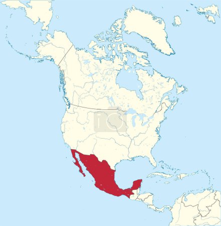 Illustration for Red detailed blank political map of MEXICO with blue water surfaces using orthographic projection of the beige North American continent - Royalty Free Image