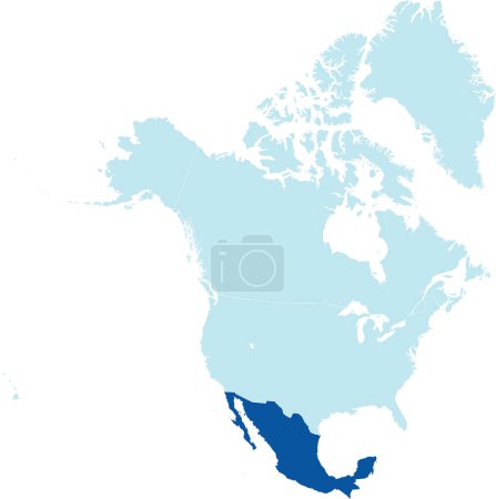 Illustration for Dark blue detailed blank political map of MEXICO on transparent background using orthographic projection of the light blue North American continent - Royalty Free Image