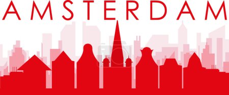 Ilustración de Cartel panorámico rojo del skyline de la ciudad con edificios rojizos de fondo transparente brumoso de AMSTERDAM, PAÍSES BAJOS - Imagen libre de derechos