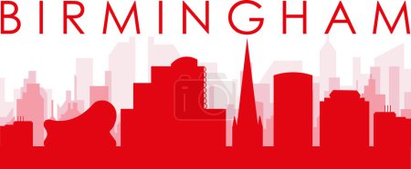 Ilustración de Cartel panorámico rojo del skyline de la ciudad con edificios trasparentes rojizos brumosos del fondo de BIRMINGHAM, REINO UNIDO - Imagen libre de derechos