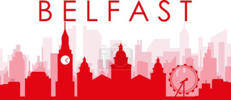 Illustration for Red panoramic city skyline poster with reddish misty transparent background buildings of BELFAST, IRELAND - Royalty Free Image