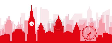 Ilustración de Cartel panorámico rojo del skyline de la ciudad con edificios de fondo transparente brumoso rojizo de BELFAST, IRLANDA - Imagen libre de derechos