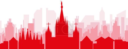 Ilustración de Cartel panorámico rojo del skyline de la ciudad con edificios de fondo transparente brumoso rojizo de BARCELONA, ESPAÑA - Imagen libre de derechos