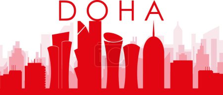 Ilustración de Cartel panorámico rojo del skyline de la ciudad con los edificios trasparentes brumosos rojizos del fondo de DOHA, QATAR - Imagen libre de derechos