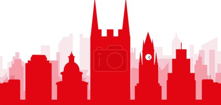 Ilustración de Cartel panorámico rojo del skyline de la ciudad con edificios rojizos de fondo transparente brumoso de DERBY, REINO UNIDO - Imagen libre de derechos
