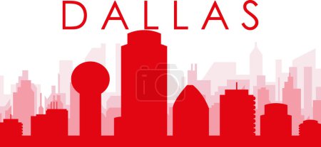 Illustration for Red panoramic city skyline poster with reddish misty transparent background buildings of DALLAS, UNITED STATES - Royalty Free Image