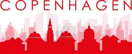 Ilustración de Cartel panorámico rojo del skyline de la ciudad con edificios de fondo transparente brumoso rojizo de COPENHAGEN, DINAMARCA - Imagen libre de derechos