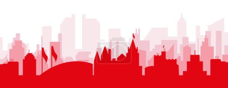 Ilustración de Cartel panorámico rojo del skyline de la ciudad con los edificios trasparentes rojizos brumosos del fondo de CARDIFF, REINO UNIDO - Imagen libre de derechos