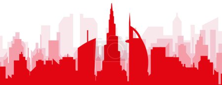 Illustration for Red panoramic city skyline poster with reddish misty transparent background buildings of DUBAI, UNITED ARAB EMIRATES - Royalty Free Image