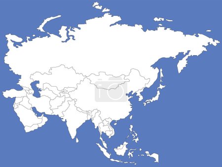 Ilustración de Mapa político blanco en blanco de ASIA con bordes negros del país usando proyección ortográfica sobre fondo azul oscuro - Imagen libre de derechos