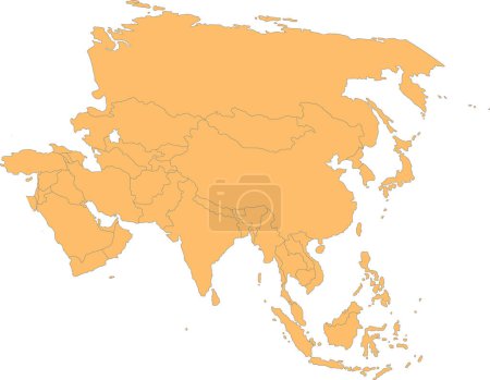 Ilustración de Orange mapa político en blanco detallado de ASIA con fronteras de países negros usando proyección ortográfica sobre fondo transparente - Imagen libre de derechos