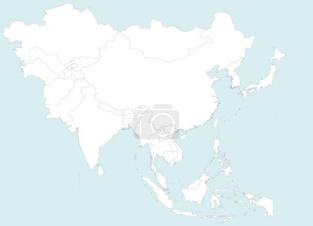 Ilustración de Mapa político blanco detallado en blanco de ASIA con fronteras de países negros usando proyección ortográfica sobre fondo azul, sin el Medio Oriente - Imagen libre de derechos