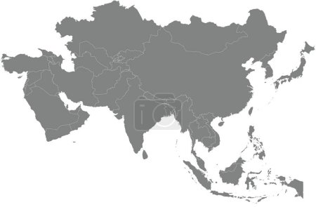 Ilustración de Mapa político en blanco detallado gris oscuro de ASIA con bordes blancos del país usando proyección ortográfica sobre fondo transparente - Imagen libre de derechos