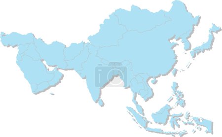 Ilustración de Mapa político en blanco en 3D azul claro de ASIA con bordes de país grises usando proyección ortográfica sobre fondo transparente, sin Rusia - Imagen libre de derechos