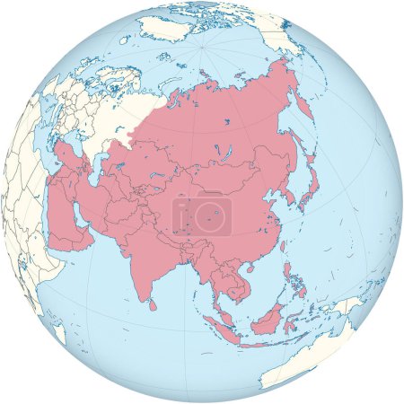 Ilustración de Mapa político en blanco detallado rojo de ASIA con fronteras de países negros usando proyección ortográfica resaltada dentro del Globe - Imagen libre de derechos