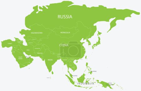 Ilustración de Mapa político verde de ASIA con bordes de países blancos y etiquetas con nombres que utilizan proyección ortográfica sobre fondo azul claro - Imagen libre de derechos