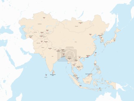 Ilustración de Mapa político detallado rojo claro de ASIA con etiquetas de nombres de países y capitales usando proyección ortográfica sobre fondo blanco y azul - Imagen libre de derechos