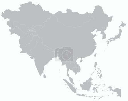 Ilustración de Mapa político en blanco detallado gris claro de ASIA con bordes blancos del país usando proyección ortográfica sobre fondo azul claro, sin el Medio Oriente - Imagen libre de derechos