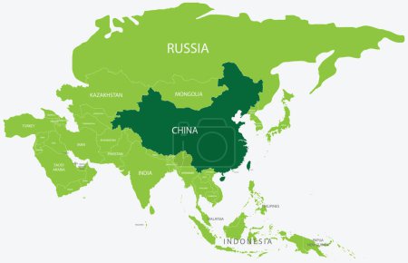 Ilustración de Mapa verde destacado de CHINA dentro del mapa político verde claro de Asia usando proyección ortográfica sobre fondo azul claro - Imagen libre de derechos