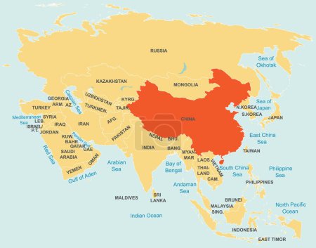 Ilustración de Resaltado mapa rojo de CHINA dentro de naranja etiquetado mapa detallado de Asia con proyección ortográfica sobre fondo azul - Imagen libre de derechos