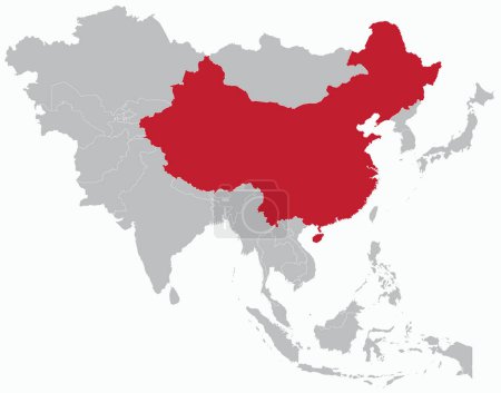 Ilustración de Resaltado mapa rojo de CHINA dentro de gris mapa político en blanco detallado de Asia sobre fondo azul claro, sin el Medio Oriente y Rusia - Imagen libre de derechos
