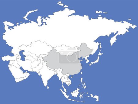Ilustración de Mapa gris resaltado de CHINA dentro del mapa político blanco de Asia usando proyección ortográfica sobre fondo azul oscuro - Imagen libre de derechos