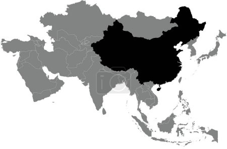 Ilustración de Resaltado mapa negro de CHINA dentro de gris oscuro detallado mapa político en blanco de Asia usando proyección ortográfica sobre fondo transparente, sin Rusia - Imagen libre de derechos