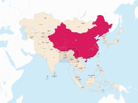 Ilustración de Mapa rojo resaltado de CHINA dentro del mapa político detallado rojo claro de Asia usando proyección ortográfica sobre fondo blanco y azul - Imagen libre de derechos