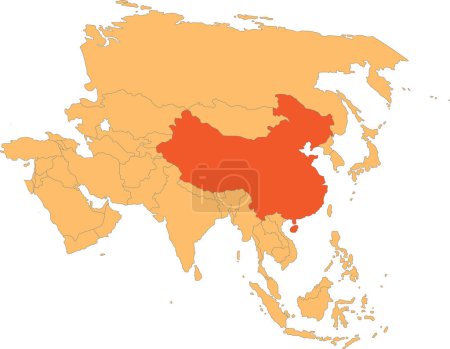 Ilustración de Resaltado mapa rojo de CHINA dentro naranja mapa político detallado de Asia usando proyección ortográfica sobre fondo transparente - Imagen libre de derechos