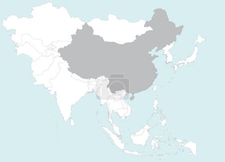 Ilustración de Resaltado mapa gris de CHINA dentro blanco detallado mapa político en blanco de Asia sobre fondo azul, sin el Medio Oriente y Rusia - Imagen libre de derechos