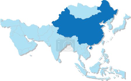Ilustración de Resaltado mapa azul de CHINA dentro azul claro mapa político en blanco 3D de Asia proyección ortográfica sobre fondo transparente, sin Rusia - Imagen libre de derechos