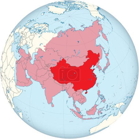 Ilustración de Mapa rojo resaltado de CHINA dentro del mapa político en blanco detallado rojo de Asia usando la proyección ortográfica del globo - Imagen libre de derechos