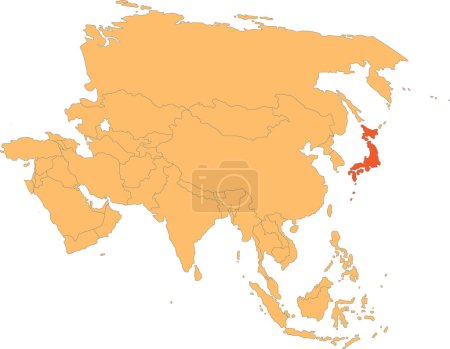 Ilustración de Mapa rojo resaltado de JAPÓN dentro de naranja mapa político detallado de Asia usando proyección ortográfica sobre fondo transparente - Imagen libre de derechos
