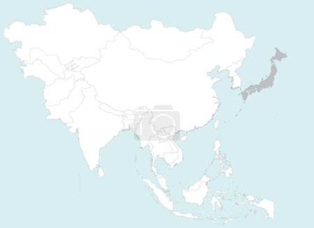 Ilustración de Resaltado mapa gris de JAPÓN dentro blanco detallado mapa político en blanco de Asia sobre fondo azul, sin el Medio Oriente y Rusia - Imagen libre de derechos