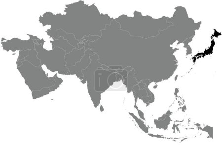 Ilustración de Resaltado mapa negro de JAPÓN dentro de gris oscuro detallado mapa político en blanco de Asia usando proyección ortográfica sobre fondo transparente, sin Rusia - Imagen libre de derechos