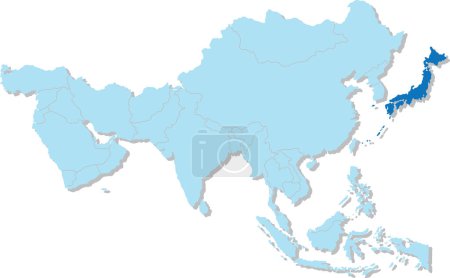 Ilustración de Resaltado mapa azul de JAPÓN dentro azul claro 3D mapa político en blanco de Asia proyección ortográfica sobre fondo transparente, sin Rusia - Imagen libre de derechos