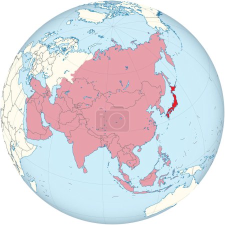 Ilustración de Resaltado mapa rojo de JAPÓN dentro rojo detallado mapa político en blanco de Asia usando la proyección ortográfica del globo - Imagen libre de derechos