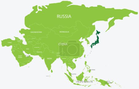 Ilustración de Mapa verde resaltado de JAPÓN dentro del mapa político verde claro de Asia usando proyección ortográfica sobre fondo azul claro - Imagen libre de derechos