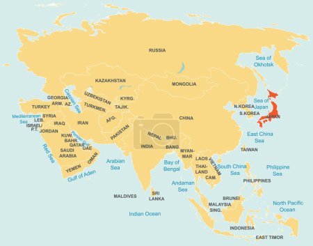 Ilustración de Resaltado mapa rojo de JAPÓN dentro de naranja etiquetado mapa detallado de Asia con proyección ortográfica sobre fondo azul - Imagen libre de derechos